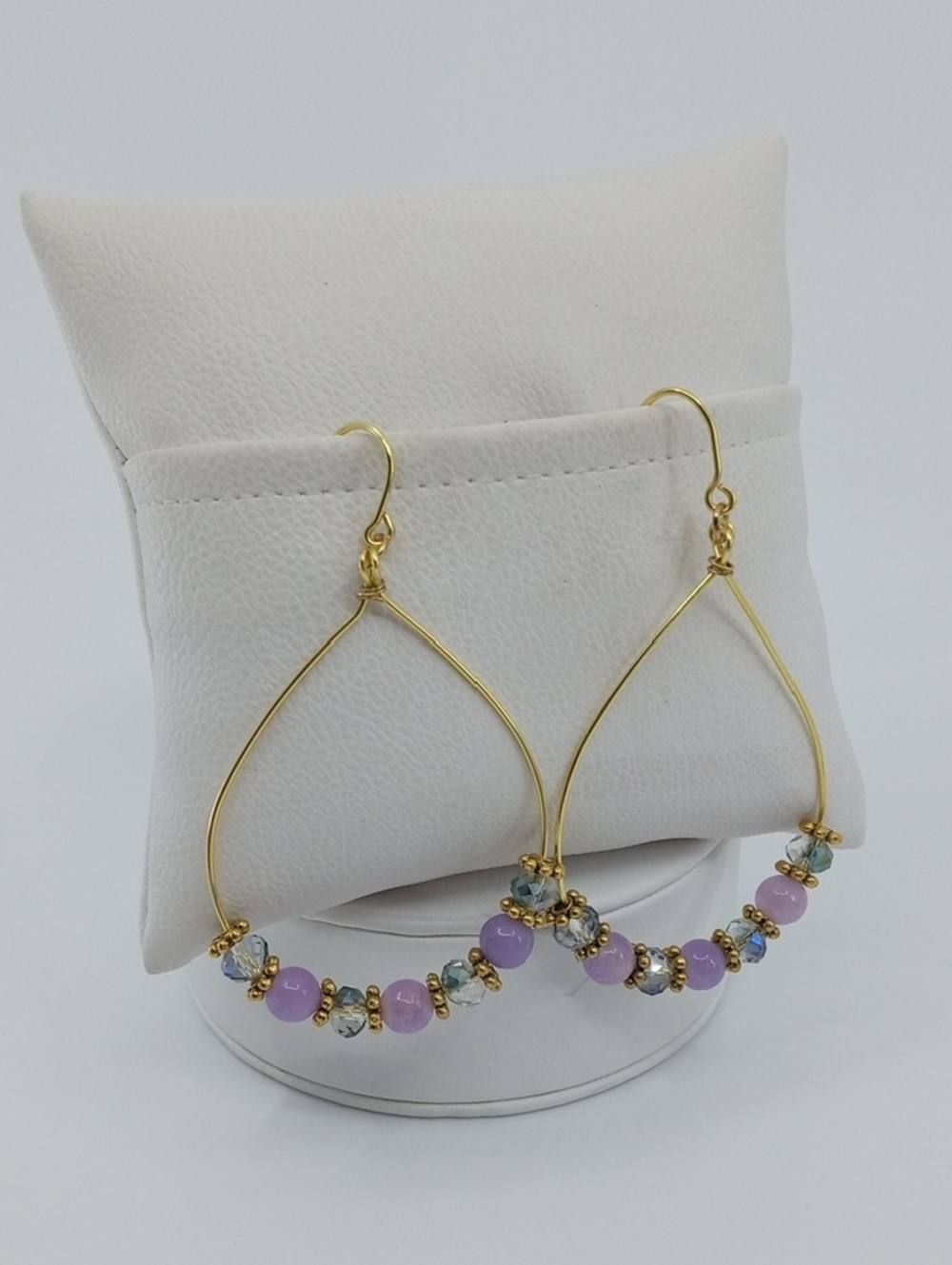 Lilac Beaded Teardrop Hoop Pierced Earrings Gold Tone Handcrafted Elegant Chic